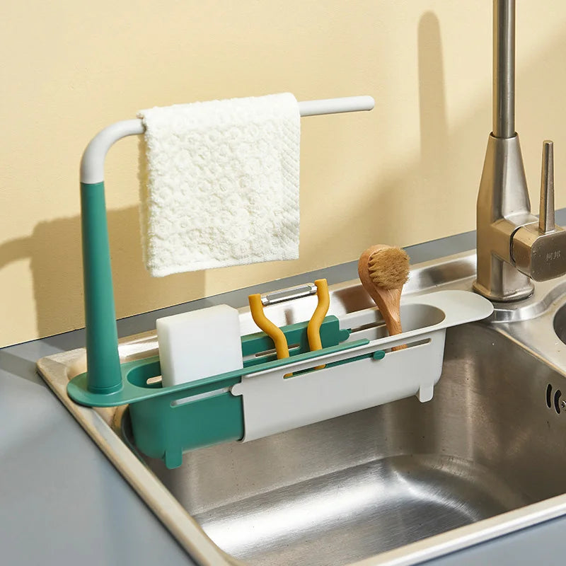 Kitchen Sink Organizer Telescopic Shelf with Soap Sponge Holder and Towel Hanger - Drain Rack with Drainer Basket for Efficient Kitchen Storage