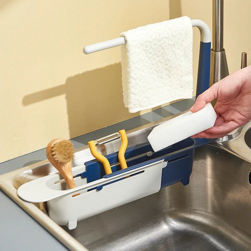 Kitchen Sink Organizer Telescopic Shelf with Soap Sponge Holder and Towel Hanger - Drain Rack with Drainer Basket for Efficient Kitchen Storage