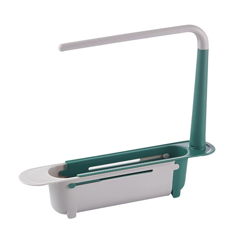 Kitchen Sink Organizer Telescopic Shelf with Soap Sponge Holder and Towel Hanger - Drain Rack with Drainer Basket for Efficient Kitchen Storage