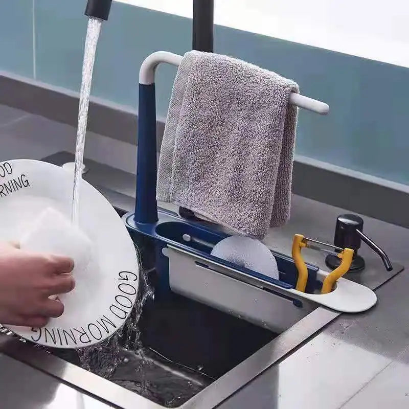 Kitchen Sink Organizer Telescopic Shelf with Soap Sponge Holder and Towel Hanger - Drain Rack with Drainer Basket for Efficient Kitchen Storage