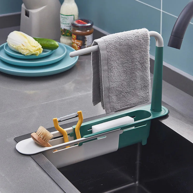 Kitchen Sink Organizer Telescopic Shelf with Soap Sponge Holder and Towel Hanger - Drain Rack with Drainer Basket for Efficient Kitchen Storage