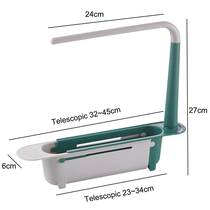 Kitchen Sink Organizer Telescopic Shelf with Soap Sponge Holder and Towel Hanger - Drain Rack with Drainer Basket for Efficient Kitchen Storage