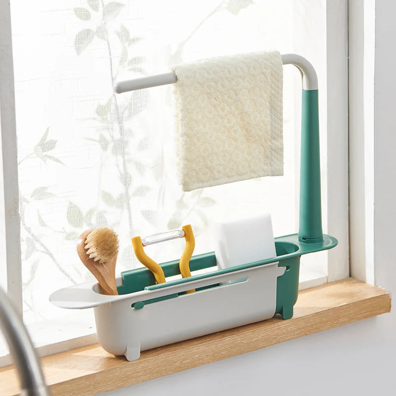 Kitchen Sink Organizer Telescopic Shelf with Soap Sponge Holder and Towel Hanger - Drain Rack with Drainer Basket for Efficient Kitchen Storage