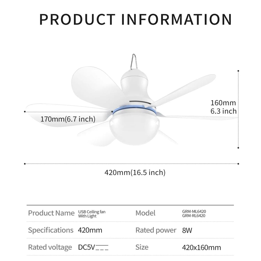XIAOTREE Portable Ceiling Fan with LED Light Mini DC 5V USB Tent Fans for RV 16.5Inch USB Ceiling Fan Hanging Camping Tent Bed