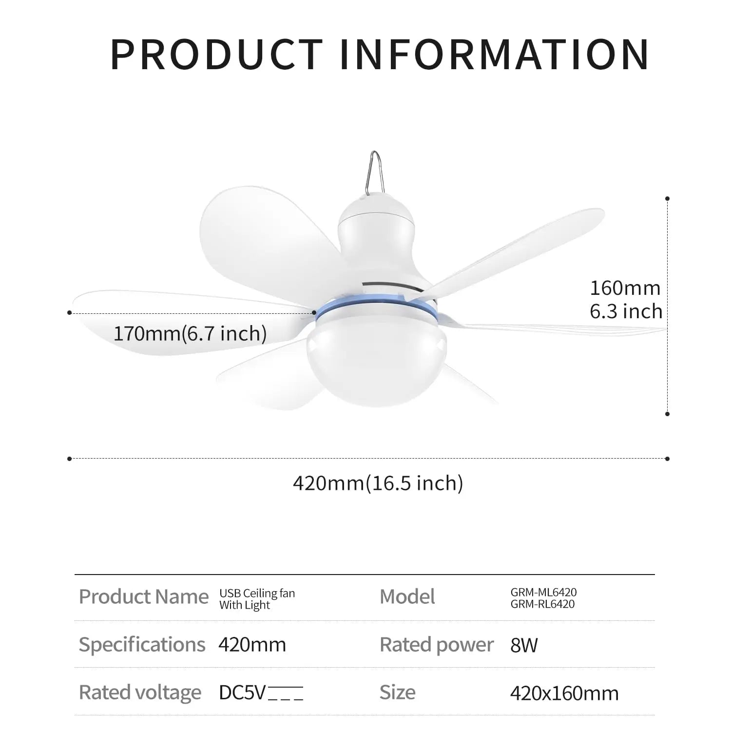 XIAOTREE Portable Ceiling Fan with LED Light Mini DC 5V USB Tent Fans for RV 16.5Inch USB Ceiling Fan Hanging Camping Tent Bed
