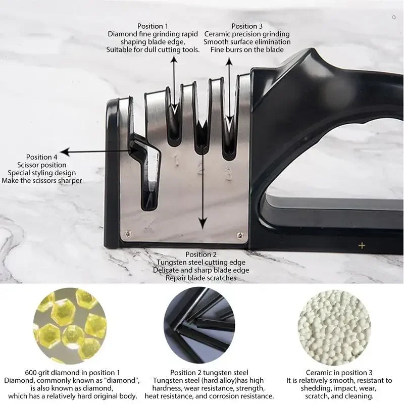 Kitchen Knife Sharpener - 4 Segment Multifunctional with Non-Slip Base for Portable Household Use