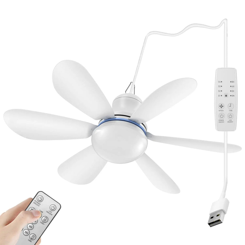 XIAOTREE Portable Ceiling Fan with LED Light Mini DC 5V USB Tent Fans for RV 16.5Inch USB Ceiling Fan Hanging Camping Tent Bed